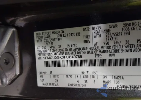 2015 Ford Escape Se z USA, uszkodzony, nr VIN 1FMCU0GX3FUB40769